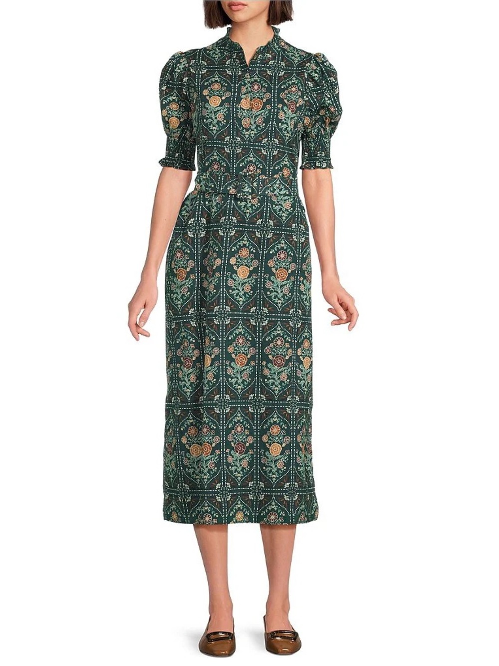 J.Marie Hazel Printed Short Sleeve Button Front Midi Ruffle Size Medium